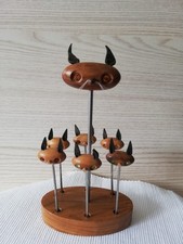 Vintage Cocktail Gabeln 6 St. Bowle Pieker mit Katzenköpfen aus Holz 50er Jahre 