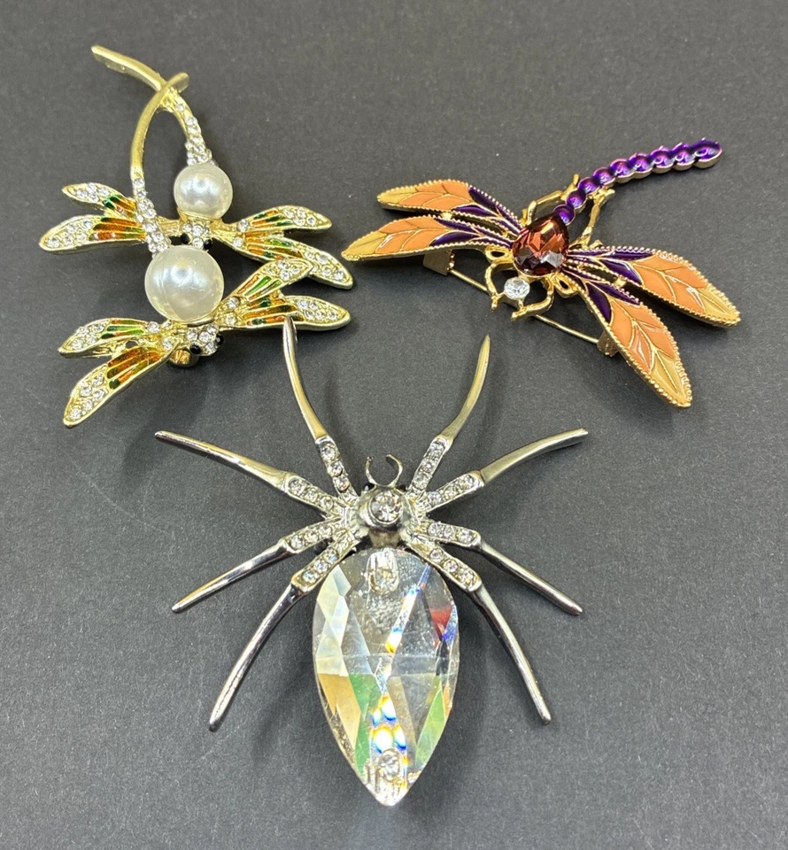 Брошь булавки стразы дракон мухи паук лот из 3 серебряных золотистых насекомых - Изображение 2 из 4