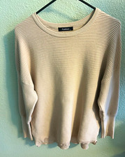 Fashion Women s Beige Rib-Knit Crew Neck Long Sleeve Pullover Sweater M