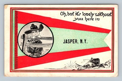 Postcard NY Jasper cowboy child pennant Lonely without you here