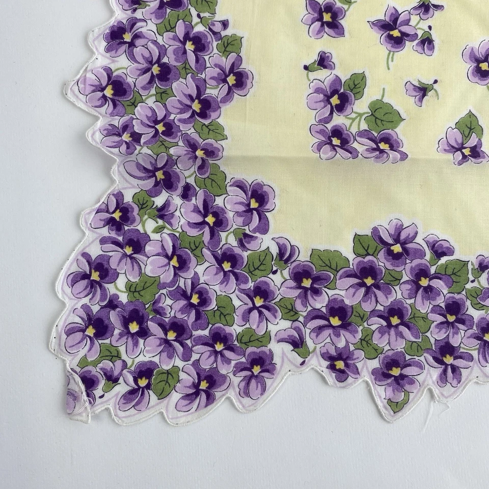 Pañuelo Vintage Púrpura Violeta Flores Floral Amarillo Claro Foto 2 de 4