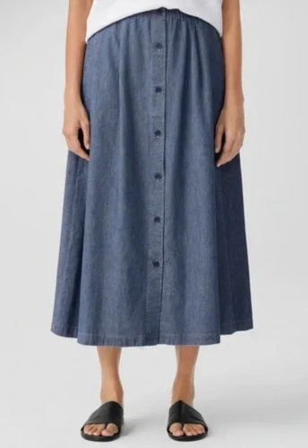 Eileen Fisher Women A-Line Midi Cotton Denim skirt Buttons front Size XL NEW