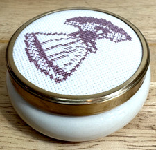 Vintage Framecraft UK Ceramic 3” Trinket Dish Needlepoint Victorian Lady On Lid