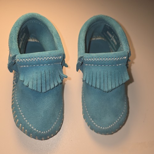 Minnetonka Moccasins Blue Size 5 Toddler Slippers Fringe Bootie Soft Sole - 第 2/10 張圖片