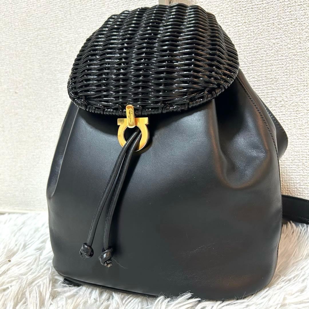 Ferragamo Rattan Gancini All Leather Backpack Black Used Authentic