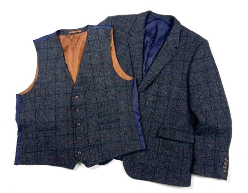 Men's HARRIS TWEED Gray Wool 2 Pieces Blazer Jacket Gilet Casual Size 48S