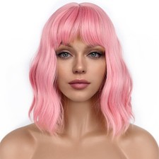 Pink Pastel Bob Wig with Bangs Wavy Shoulder Length Synthetic Cosplay Wig