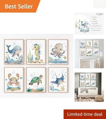 Eco-Friendly 6-Piece Sea Animal Canvas Wall Art Set - Modern Nursery Decor