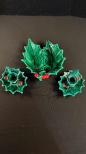 Vintage Lefton Japan Green Holly Berry Candle Holders & Dish Set Christmas