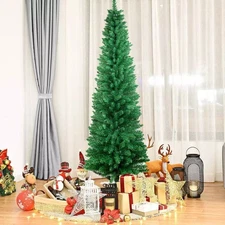 4/5/6/7FT Artificial Slim Pencil Christmas Tree PVC + Stand Home Holiday Green