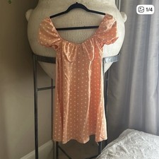 FUL MIZ A-Line Dress Peach Polka Dot Puff Sleeve Scoop Neck Button Short Size 10