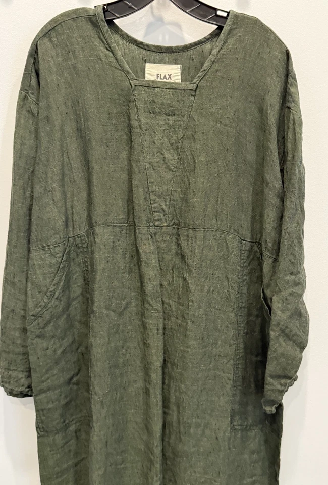 Vestido lino flax by jeanne engelhart manga larga verde pino usado en excelente estado Foto 2 de 4