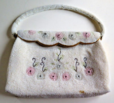 Vintage White Beaded Evening Clutch, Mirror Coin Purse Made in France
