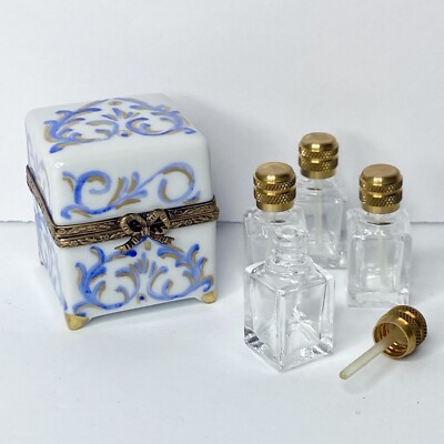 Limoges Peint Main Porcelain Trinket Box   Box With 4 Glass Perfume Bottles
