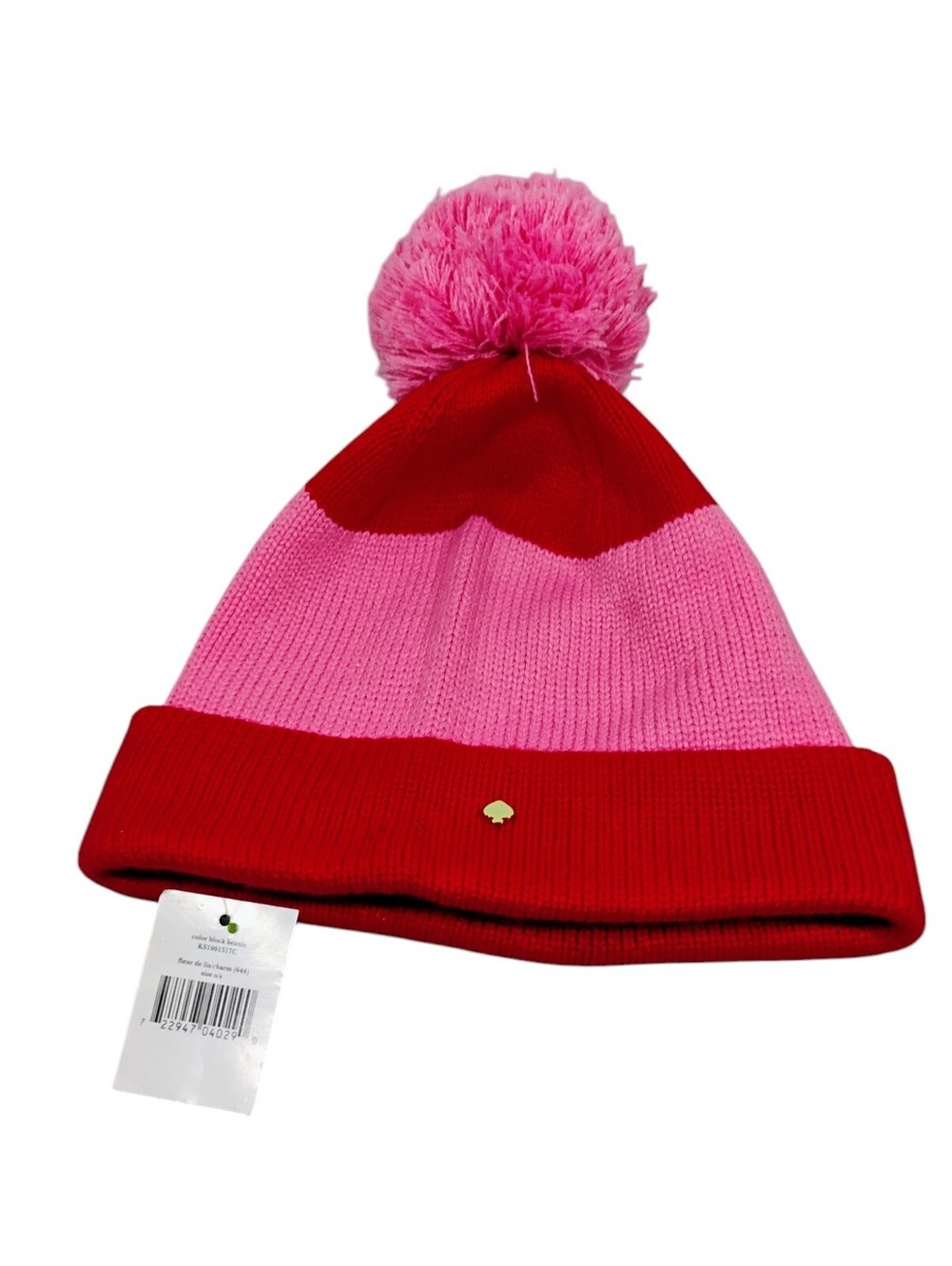 NWT KATE SPADE Color Block Pom-Pom Beanie Pink\\Red w Gold Metal Spade ♠️ Charm Kate Spade New York Color Block Beanie Pink Red Pom Knit Hat  main image 4