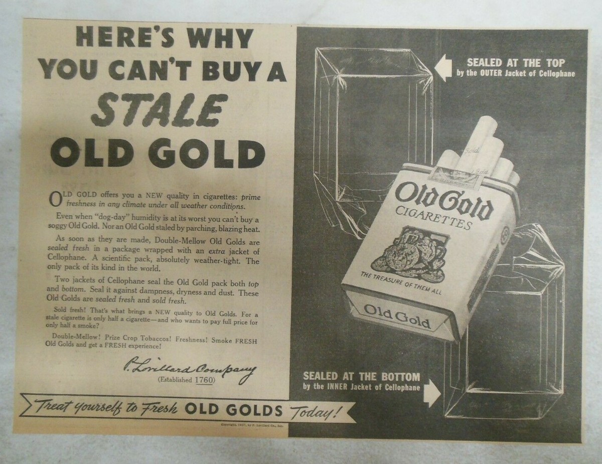 Old Gold Cigarette Ad: Always Fresh Old Gold ! from 1937 Size: 11 x 15  inches