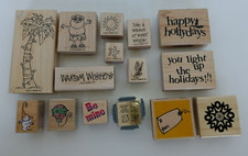 Christmas Holiday Rubber Stamp Lot of 15 Wood Mounted Stamps Various Makers