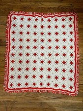 Vtg Handmade Crochet Afghan Granny Blanket Sofa Throw Red White 40" x 44"
