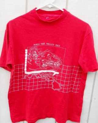 VINTAGE RED ''MAUI-THE VALLEY ISLE'' & MAP OF HAWAII MEN'S T-SHIRT SZ MED NO LABEL