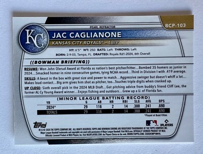 2025 Bowman Chrome Jac Caglianone SSP Pearl Refractor Baseball