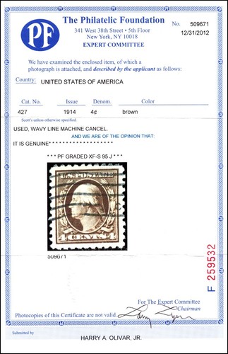 Scott 427 4 Cents Washington Used PF Cert 95J SCV $200.00 - Picture 3 of 5