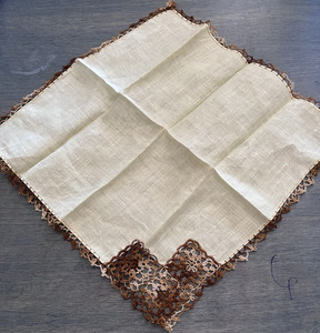 Vintage Beige Fabric Handkerchief Square Cloth w/ Brown Lace Corner Trim