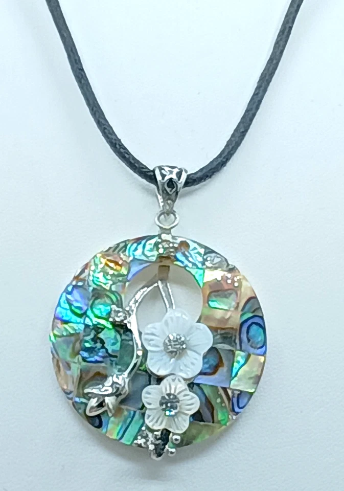 Lee Sands Pendant Necklace Abalone Inlay MOP 3D Carved Flower CZ Sterling Silver - Image 4 of 4