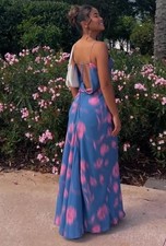 ZARA NEW WOMAN LONG STRAPPY PRINTED DRESS WITH COWL NECKLINE BLUISH  3141/008 M