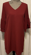 Belongsci Wine Red V-neck Bell Tiered Sleeve Shift Lined Dress Size M NWT