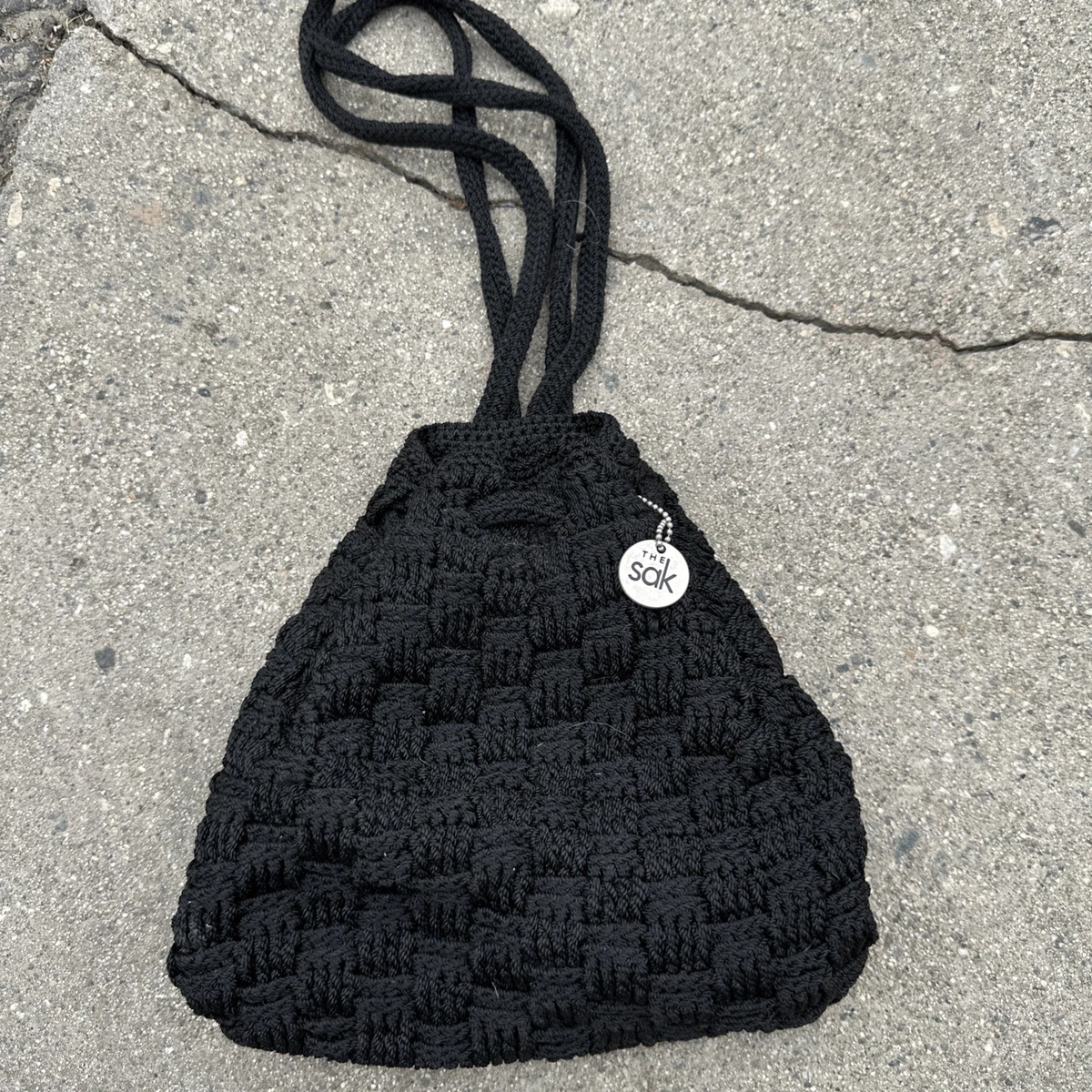 The Sak Black Crochet Knit Backpack Boho Drawstring Slouchy Bag The Sak Bucket Bag Backpack Black Crochet | Mercari main image 4
