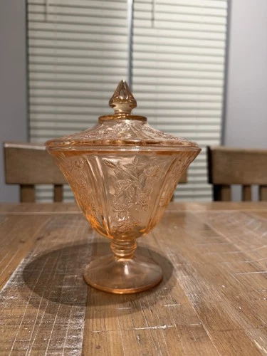 Vintage Pink Glass Candy Dish Sharon Cabbage Rose Depression Jar w/ Lid