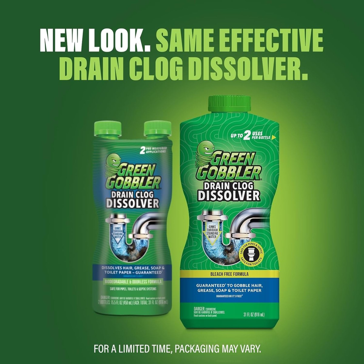 Green Gobbler Drain Clog Dissolver | Powerful Liquid Opener & 2