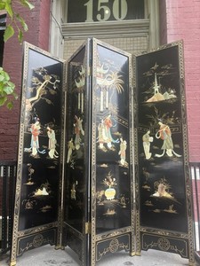 Vintage Chinese Black Lacquer 4 Panel Screen Hand Painted Coromandel Style
