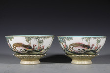 7.3" Qianlong Marked Colour Enamels Porcelain Phoenix Bird Bowl Bowls Pair