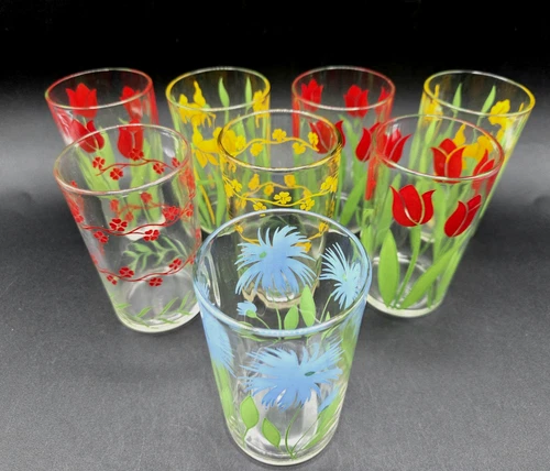 Vtg. Anchor Hocking/Kraft Foods Set of 8 Swanky Swigs Posy Patterns 4 fl.oz