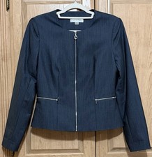 Calvin Klein Womens Sz 8 Blue Full Zip Front Peplum Blazer Jacket Pockets Silver