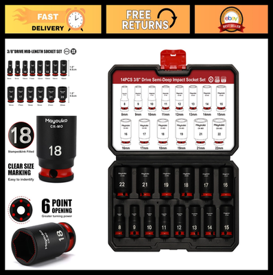 #ad 14PCS 3 8quot; Drive Impact Socket Set Semi Deep Metric 8 22MM CR MO 6 Point $67.99