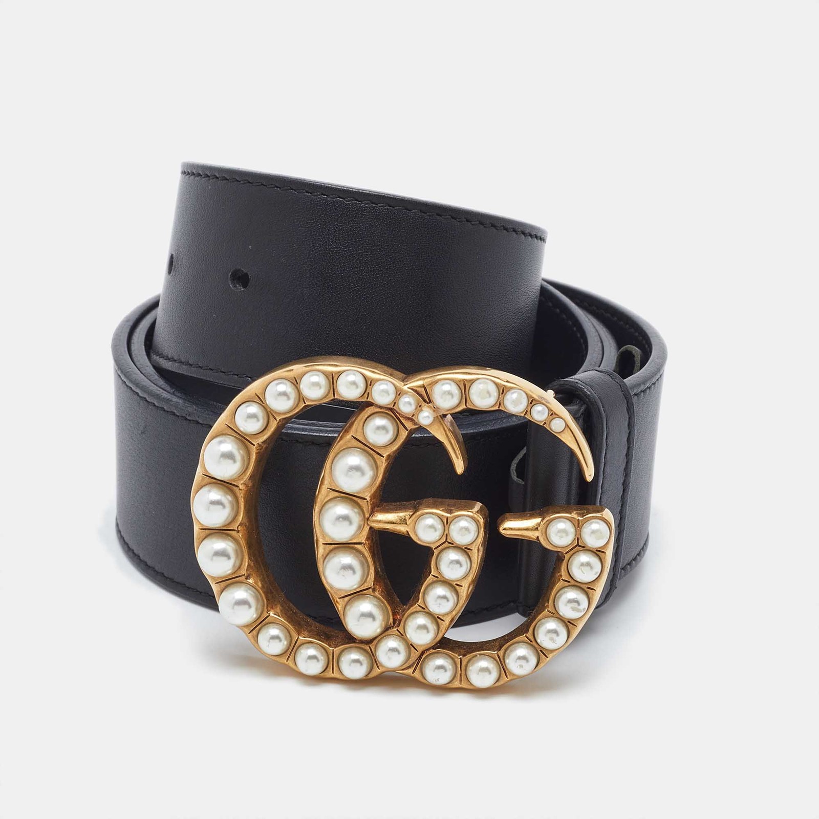 Gucci GG Marmont Black Leather Belt with Pearl Buckle 80CM