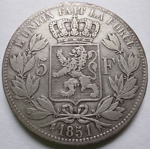 1851 Belgium Leopold I Silver 5 Francs KM 17, VF Details