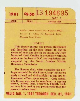 Permis De Pêche Vintage – Charlotte, North Carolina 1982 – #R225