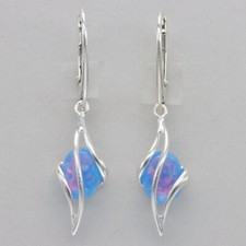 Blue Oval FIRE OPAL Dangle / Drop Earrings - 925 STERLING SILVER Leverback 2509e