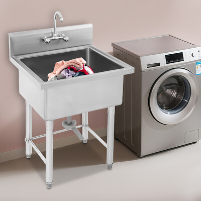 Freestanding Kitchen Sink, 304 SS w/ Faucet, Commercial Grade for Home/Hotel