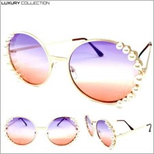 Classy Elegant Retro SUN GLASSES Round Rose Gold Pearl Frame Purple  Pink Lens