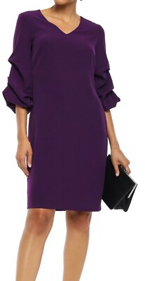 NWT Womens DKNY Sheath Dress Ruched Tiered 3/4 Sleeves Aubergine Dark Purple  8 | eBay