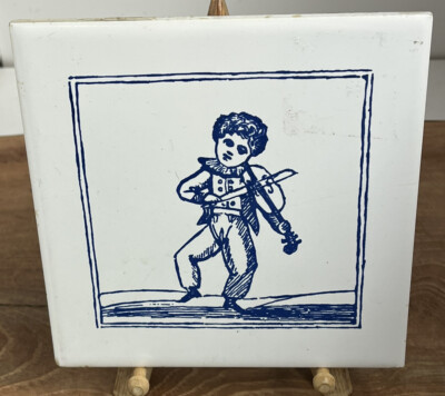 H & R Johnson Ceramic Wall Tile Trivet Blue & White Child Playing Violin Display