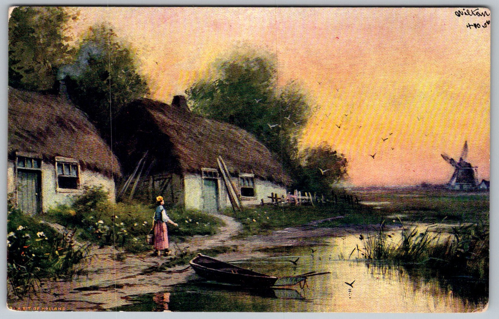 Antique Postcard Thatched Cottages & Windmill Netherlands 1910s