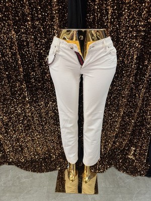 Gucci Women's White Denim Chain Accent Button Zip Straight Leg Jeans Pockets