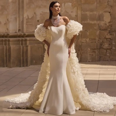 Simple Mermaid Wedding Dress with Flower Cape Custom Luxury Arabian Bride Dress