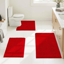3 PCS Red Bathroom Rugs Set Ultra Soft Non Slip Absorbent Chenille Bath Mat