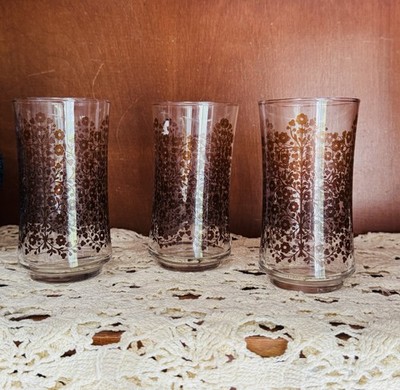 Set of 3 Libbey Vintage retro glasses 8 oz Brown Prairie Flower pattern